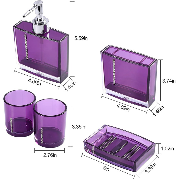 5-Piece Bathroom Accessory Set includes emulsion bottle, toothbrush holder, 2 rinsing cups, soap dish, plastic gift bath set, white (purple)