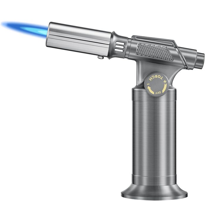 Професійний газовий пальник-фламбе SAKER для кулінарних страв та DIY: бутановий пальник з п'єзорозпалом для крем-брюле, паяння та рукодія, сріблястий