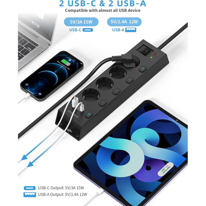 Мережевий фільтр Steckdoseleiste з індивідуальним керуванням, 5 розеток, настінний монтаж, захист від перенапруги 1050 Дж, для дому та офісу, кабель 2 м (4 розетки з USB, чорний)