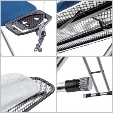 КADAX Розкладне прасувальне прізвисько 120x42 см з алюмінію з підставкою для праски та тримачем для кабелю, регульована висота, з розеткою (Темно-синій)