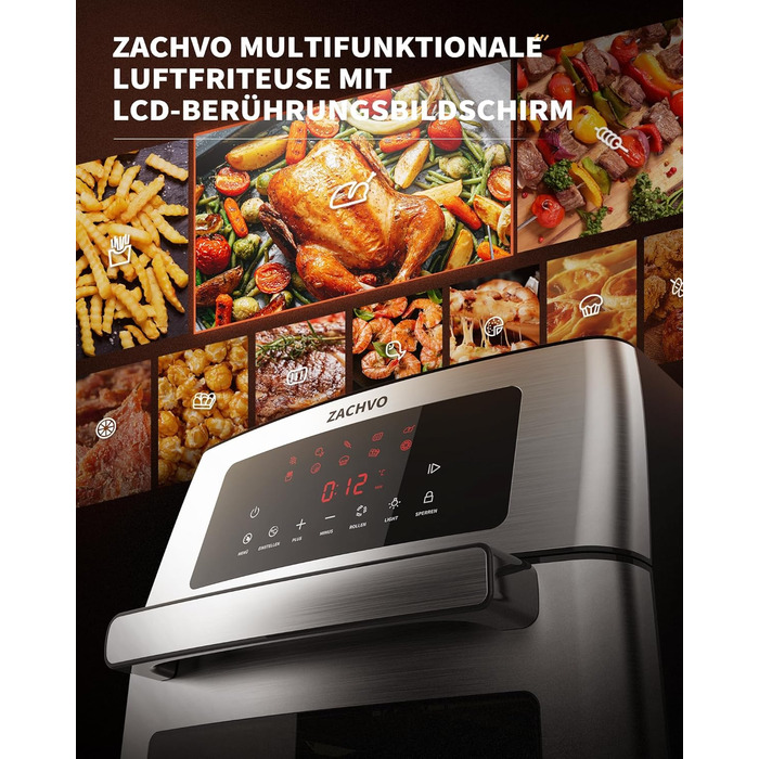 XXL Hot Air Fryer - ZACHVO Airfryer 15L - 10 Programs 1700W Hot Air Fryer with LCD Touchscreen - Air Fryer Frying Without Oil, 7 Accessories, 90% Less Fat - Oven, Grill, Dehydrator All in One Silver Hot Air Fryer