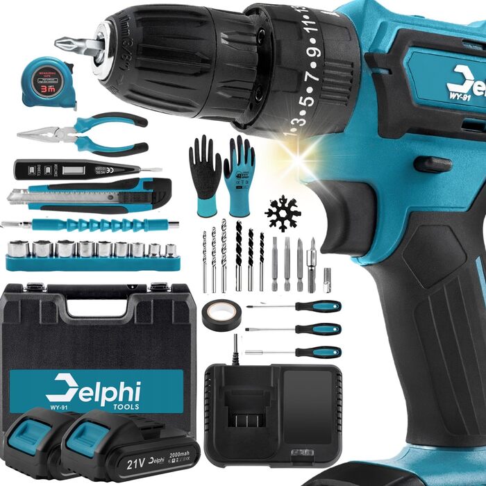 Акумуляторний ударний шуруповерт Delphi з 2 акумуляторами та зарядним пристроєм (50 Нм, 2200 об/хв - 2 швидкості) 21V комплект з кейсом (41 шт.) 2 x 2000 mAh з LED-підсвічуванням