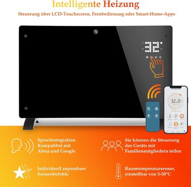 Скляний конвекторний обігрівач Daromigo 2000W з термостатом та Wi-Fi, IP24, настінний, енергозберігаючий, чорний