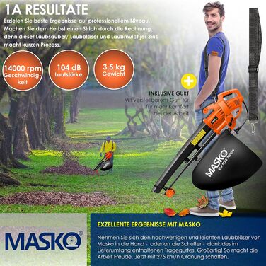 MASKO® Електричний садовий пилосос 3-в-1, 3000 Вт, з плечовим ременем, колесами і мішком 45 л, повітродувка та пилосос для листя, помаранчевий