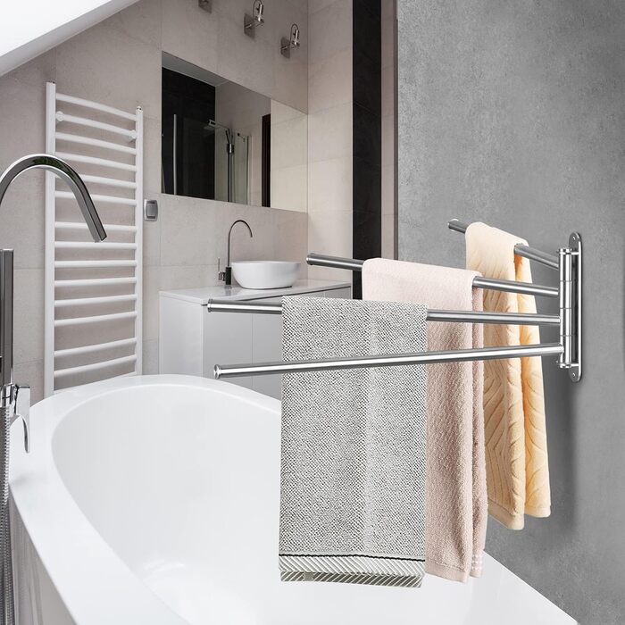 Тримач для рушників у ванну кімнату з 3-ма перекладинами, поворотний, з 3-ма кріпленнями, 40 см, нержавіюча сталь, монтаж на стіну, срібний (тримач для рушників з 4-ма кріпленнями)