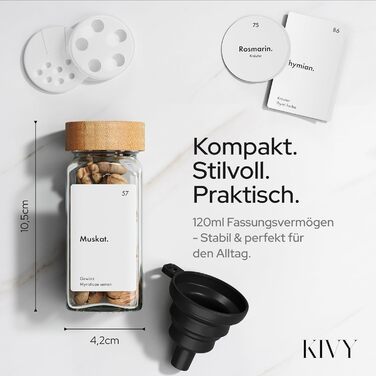 Набір скляних баночок для спецій KIVY з бамбуковою кришкою, 24 шт. по 120 мл, водостійкі етикетки, герметичні, квадратні, з дозатором