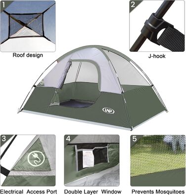 Намет кемпінговий 3-місний UNP Campingzelt: Водонепроникний, вітростійкий, з захистом від дощу, легкий у встановленні, купольний (Світло-зелений)