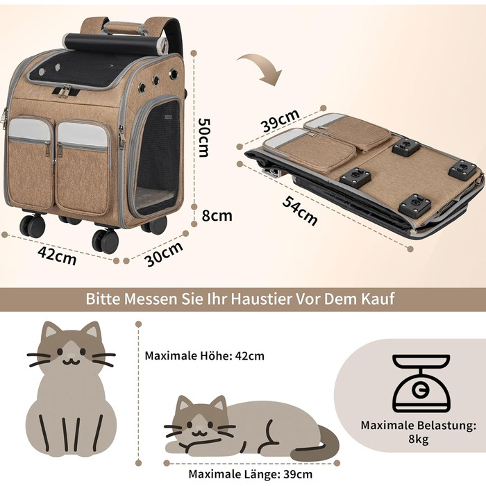 Транспортувальна сумка для тварин на колесах, для котів та маленьких собак, 4-в-1, рюкзак, дихаюча, хакі