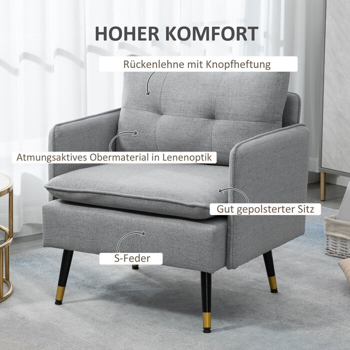 HOMCOM Single Armchair, Upholstered Armchair, Linen-Look Accent Chair, Lounge Chair with Cushion, Armrest Chair with Steel Legs, Supports up to 120 kg | Aosom