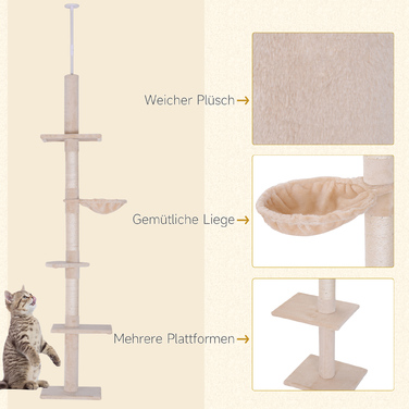 PawHut Cat Tree, Ceiling-High, H230-260 cm, Adjustable Height Climbing Tree for Cats, Stable, Beige | Aosom