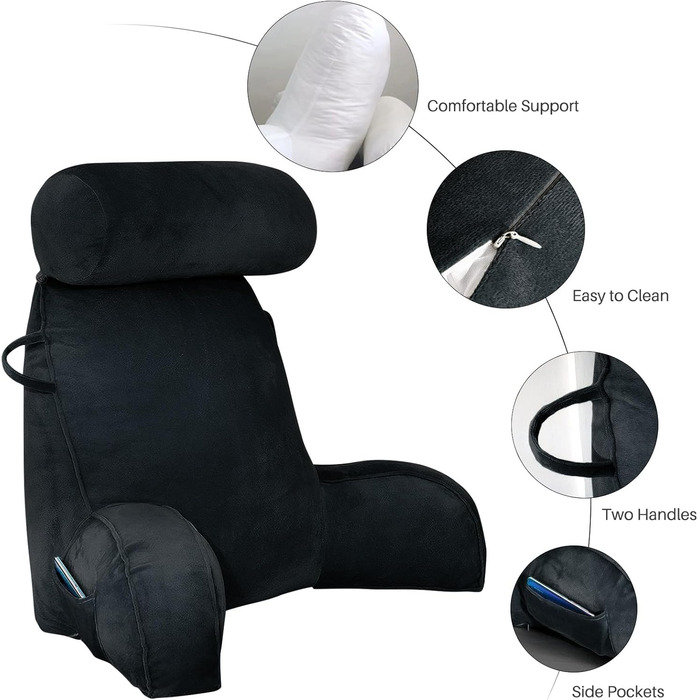 М'яке крісло-мішок для читання з велюру, чорне. З підтримкою спини та рук, з кишенею. Для дорослих.
