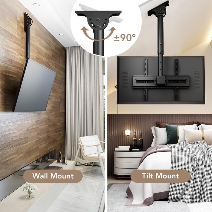 Adjustable TV Ceiling Mount for LED, LCD, OLED, and Plasma TVs - 26-65 Inch, 50kg Capacity, 400x400mm VESA, Black (AX11TB01)