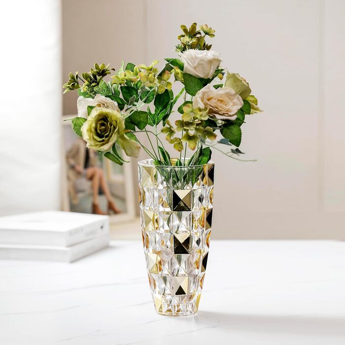 Ваза для квітів ручної роботи у формі діаманта, позолочена скляна ваза 29.5 см для декору дому, весілля, офісу та святкування