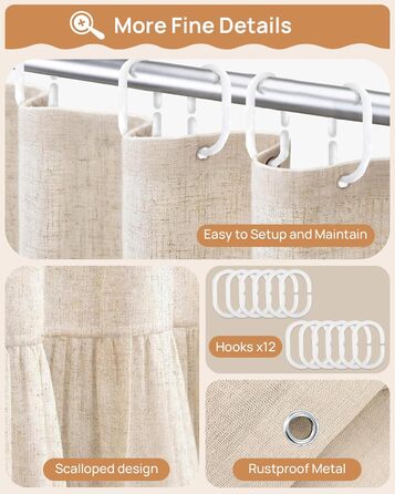 Штора для душу 180x180 см Бежева, Льняна текстура - Водонепроникна, з обтяженим краєм, 12 кілець, для ванної кімнати