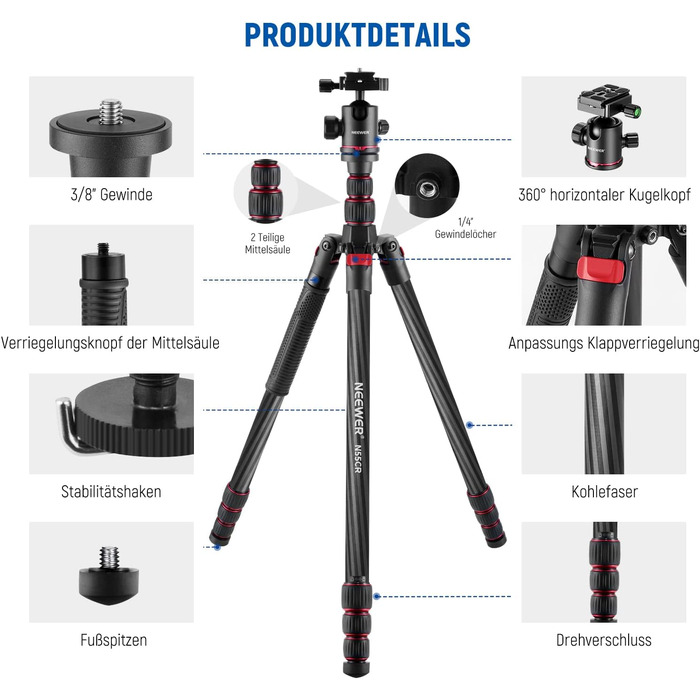 Штатив NEEWER 77' для камери, монопод, сумісний з DSLR та смартфоном, 360° кульковий голівкою, 2-осьова центральна колонка, QR-плита Arca, сумка, максимальне навантаження 15,4 кг, TP77 (карбоновий штатив з 2 осями)
