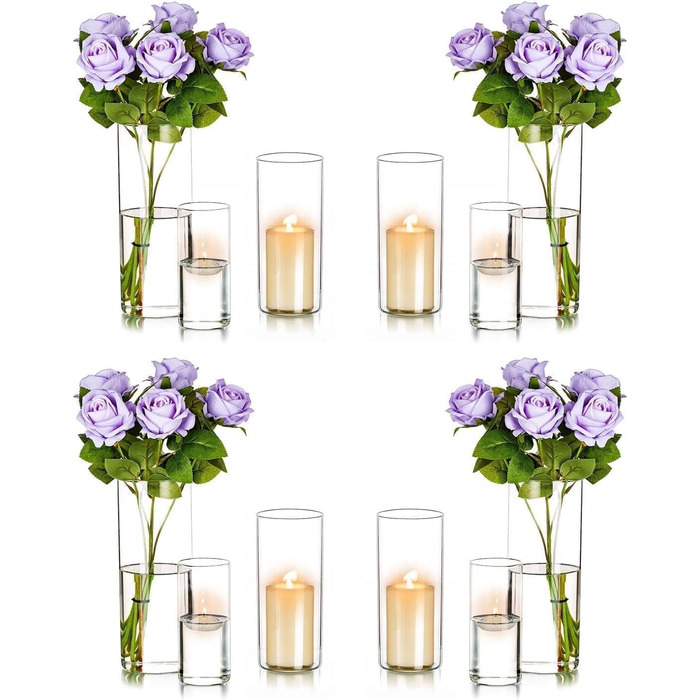 Candle Holders Glass Candle Holders Candle Stands Glass Cylinders: Romadedi 12-Piece Set of Candle Holders for Pillar Candles, Floating Candles, Candle Glass Vase for Wedding, Party, Dining Table, Table Decoration, Living Room Decor (15/20/25cm, 4 Sets)