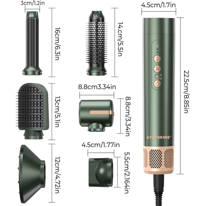 Atopskins Hairstyler: Фен-щітка 7-в-1 для створення зачісок, 110000 RPM, з іонізацією, дифузором, локонами, об'ємом, випрямленням, для волосся, зелений