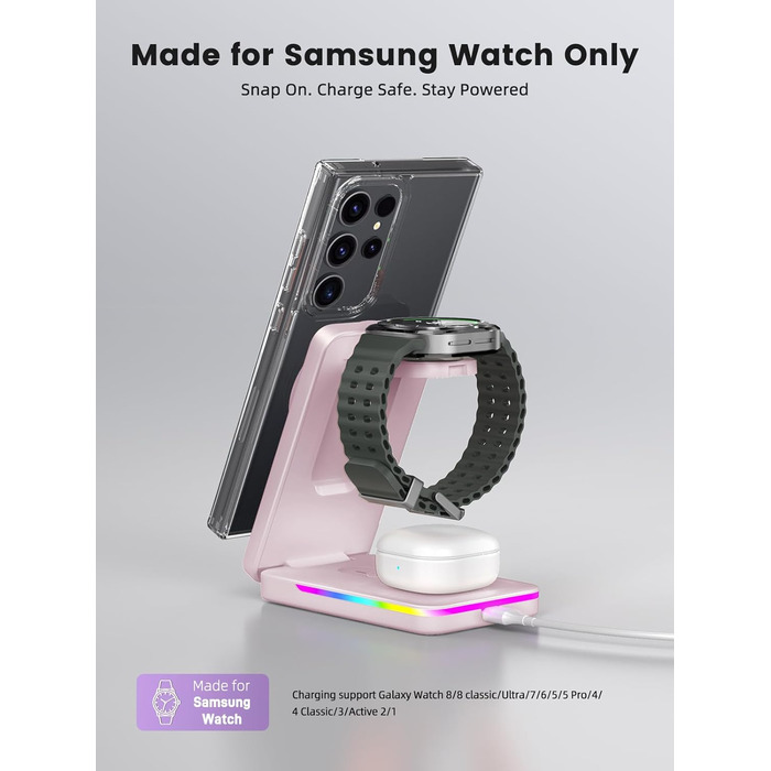 Магнітна зарядна станція 3-в-1 для Samsung Galaxy S26 Ultra, S25, Z Fold 7, Z Flip 7, Galaxy Watch Ultra 8/7/6, Buds Pro 3 (Рожева) - Бездротова зарядка Magsafe