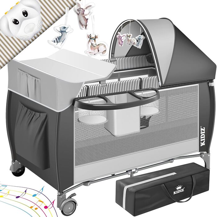 Kidiz® Baby Bed 3 in 1 Travel Bed Combo Set Baby Bed with Changing Pad Mosquito Net Playard Baby from Birth to 15 kg Airy Side Walls with Side Entrance Carry Bag Foldable, Grey