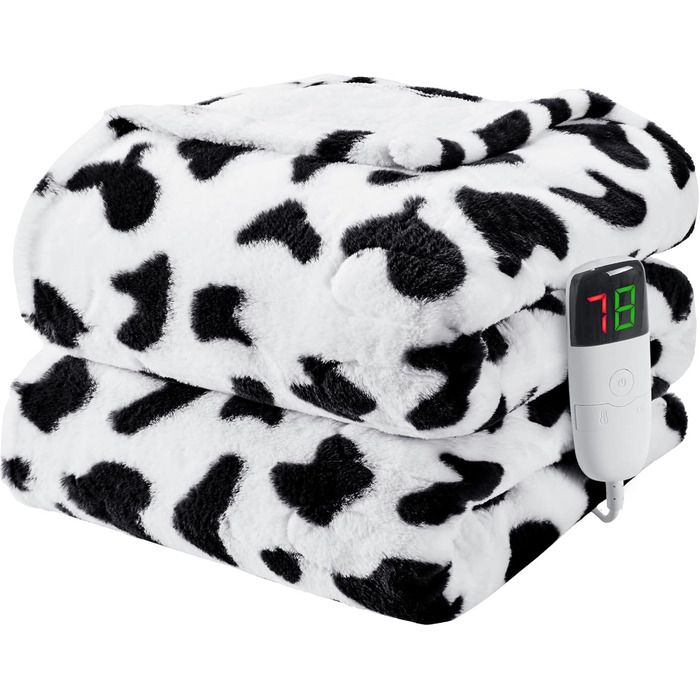 Електрична гріюча ковдра з принтом корів, подвійний розмір, 157 x 213 см, фіолетовий колір, 10 температурних режимів, автоматичне вимкнення через 8 годин, фліс, sherpa, тепла, подарунок для жінок, розмір 62'x84' (72'x84', чорно-біла корова)