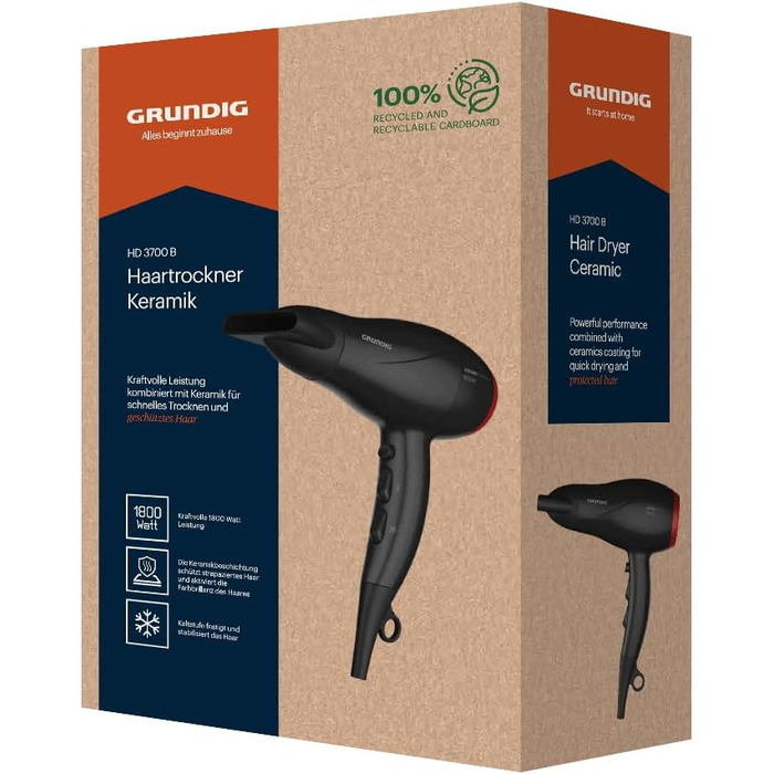 Фен GRUNDIG HD 3700 B 1800 Вт, 3 режими температури, 2 швидкості, холодний обдув, керамічне покриття, 1.8 м, чорний/вишневий, 2023 модель
