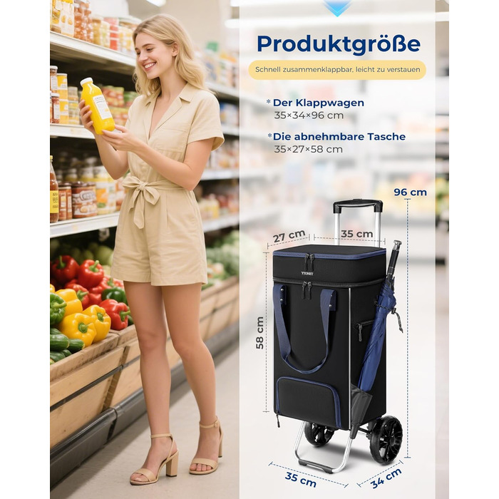 Тролей для покупок Ytonet: складаний, з відділенням для охолодження, 55 літрів, 68 кг, 3-в-1 (сумка-тележка, сумка для покупок), чорний