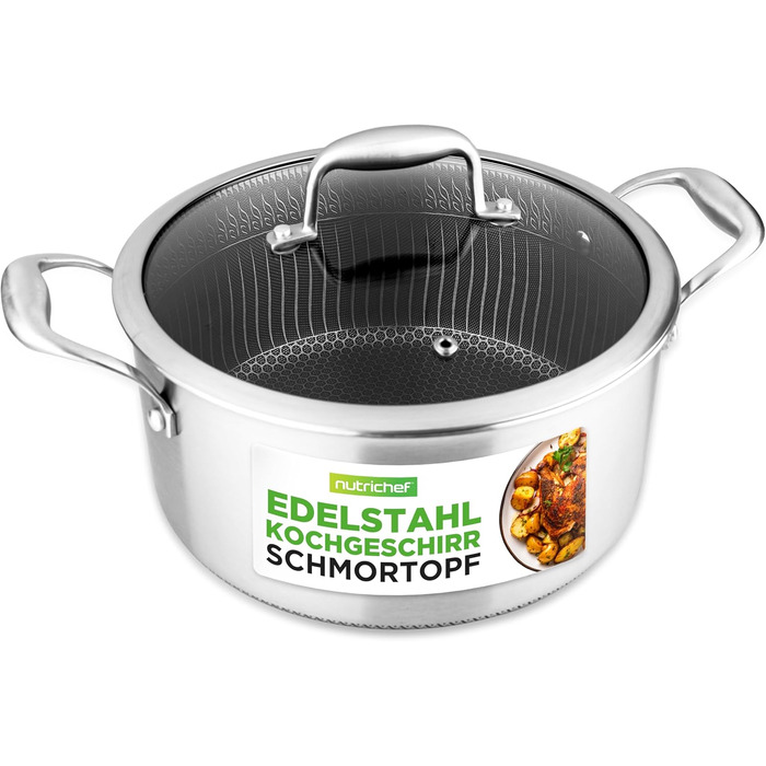 Набір каструль NutriChef з нержавіючої сталі, 6 предметів – антипригарні сковорідки 20см, 25см, 30см з кришками, підходить для індукційних плит, стійкий до подряпин та придатний для духовки, можна мити в посудомийній машині. Включає каструлю об'ємом 5 літ