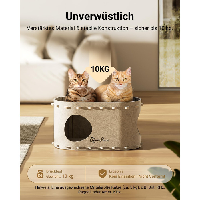 Будиночок для котів з фетру, лежанка для котів, затишна кімната для котів, 58 x 33 x 30 см, ігровий Peek-a-Boo, зимовий, захист кігтів, бежевий, 1 шт.