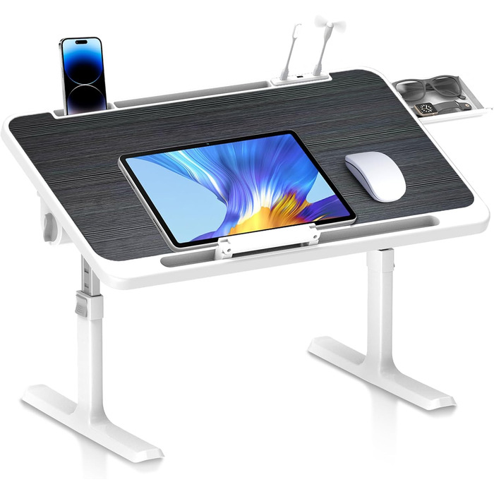 Стіл для ноутбука в ліжко Huracan: регульований, з USB, підсклянником та ящиком (60x40 см, чорний)