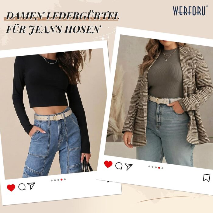 Жіночий шкіряний ремінь WERFORU для джинсів, спідниць та суконь з золотою пряжкою (бежевий, довжина 120 см, під талію 95-107 см)