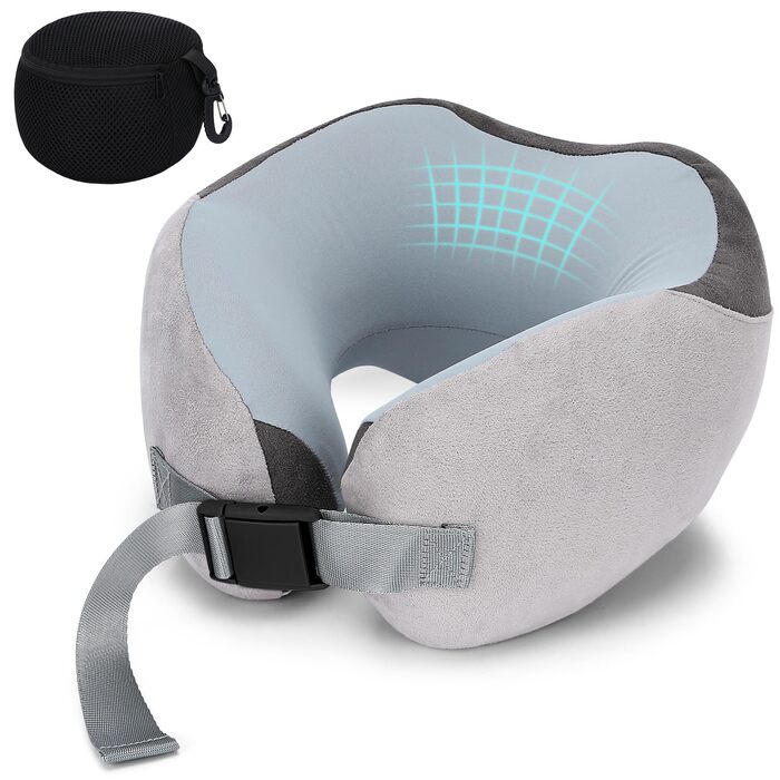 Подушка для подорожей Euqvunn з ефектом пам'яті (Memory Foam), ергономічна подушка для шиї в літак з охолоджуючим льодяним шовком та сумкою для зберігання, сіра