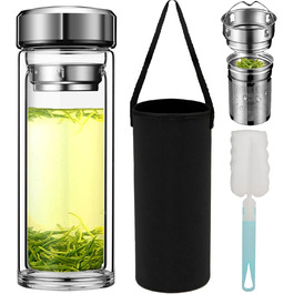 Double-walled glass tea bottle, 1 liter with 2-in-1 stainless steel infuser for on-the-go use, 1000ml large volume. Tea bottle 100% leak-proof, 1 l (600ml suitable for office/roadtrip/school/on the go)