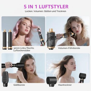 Стайлер для волосся 5 в 1 UKLISS Airstyler: іонний фен-щітка з автозавиванням (32 мм), набір для сушіння, випрямлення та об'єму, чорний