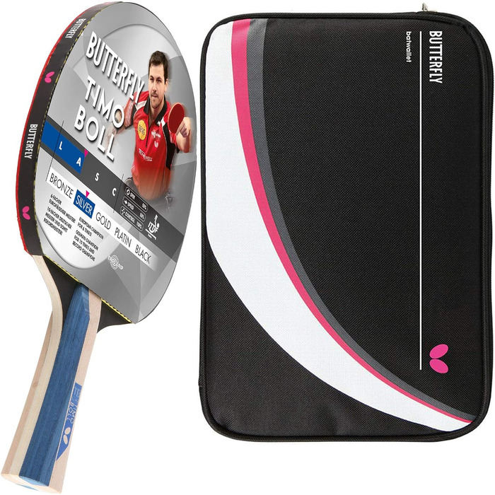 Набір для настільного тенісу Butterfly Timo Boll Silver (з чохлом DC2) | Стіл-тенісний ракетковий набір для амбітних гравців | ITTF сертифіковане покриття Addoy | Анатомічна форма ручки