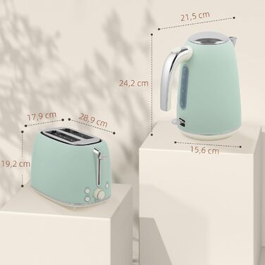 Набір чайник та тостер HOMCOM з нержавіючої сталі, 2200 Вт, 1.7 л, 2-слотовий тостер, 7 рівнів підсмажування, швидкий нагрів, термостат Strix, фільтр від накипу та піддон для крихт, зелений