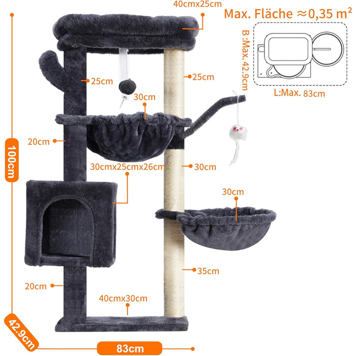 Кігтеточка-кімнатний комплекс Heybly Kratzbaum 100см з платформою, гротою, 2 гамаками та іграшками. Колір: сірий. Модель: HCT006SG