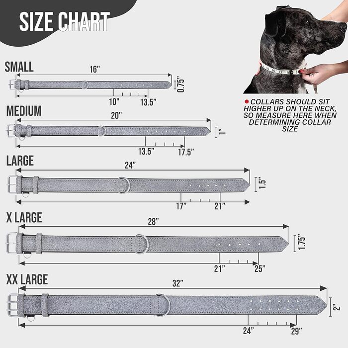 Riparo Genuine Leather Adjustable Dog Collar with Additional Reinforcement (: 4.5CM Wide for 53.4CM - 63.5CM Neck, ) (XL, Grey/White Thread)