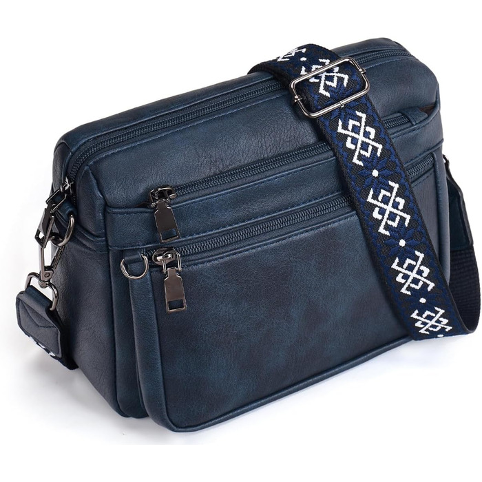 Сумка жіноча через плече MUIIKOLA середнього розміру шкіряна темно-синього кольору з широким м'яким ременем