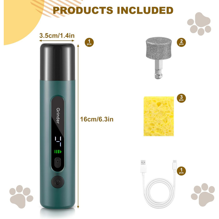 Електричний точило для собачих кігтів VINATO з LED-підсвічуванням, 5 швидкостей, тихе та перезаряджуване, для малих, середніх та великих собак