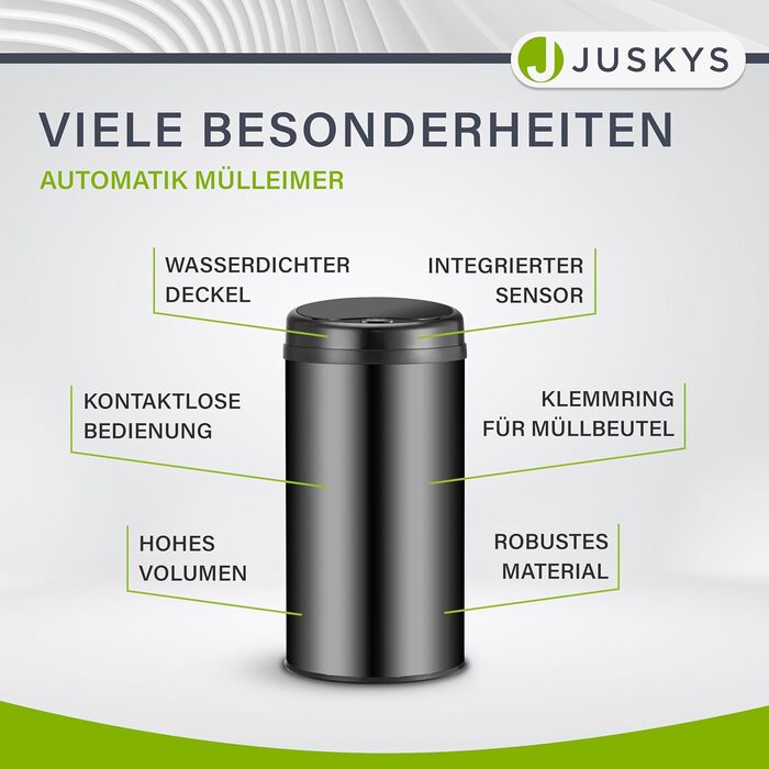 Відро для сміття Juskys з датчиком руху, 30 л, нержавіюча сталь, з кришкою-затискачем для пакетів, безконтактне відкриття