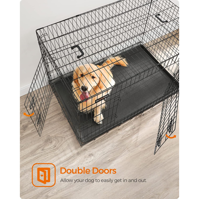 Клітка для собак Feandrea, розкладний варіант, з 2 дверцятами, висувна миска, 122 x 74,5 x 80,5 см, XXL, чорна