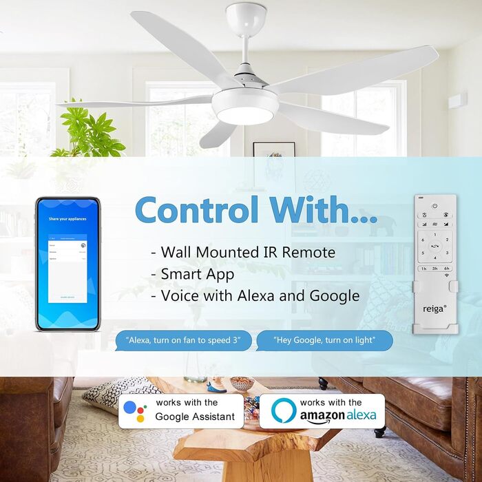 Стеляний вентилятор Reiga з LED-підсвічуванням та пультом керування, 132 см, білий, DC-двигун, тихий, 6 швидкостей, 3 колірні температури, для внутрішнього та зовнішнього використання (5 лопатей, білий)