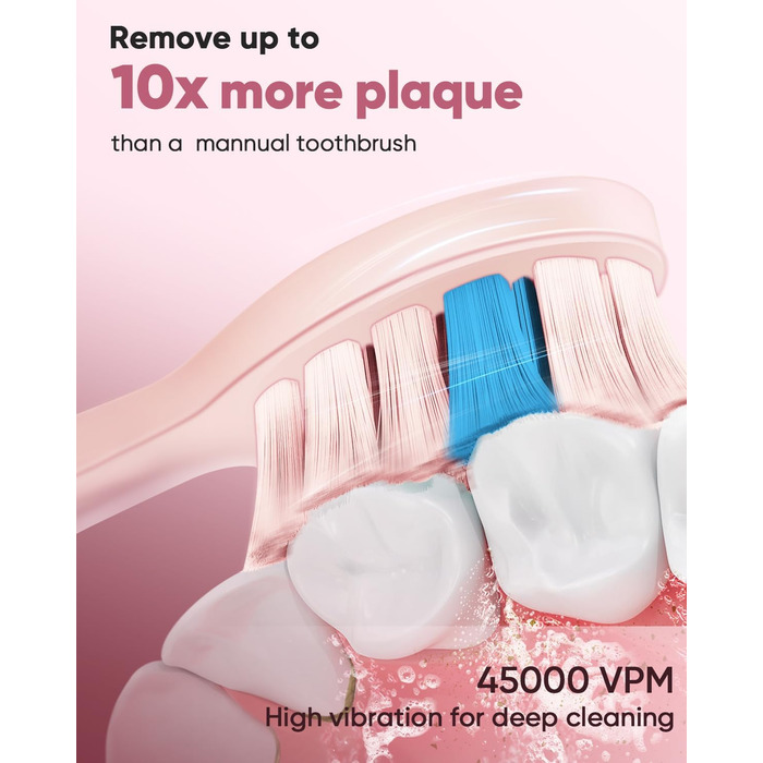 Електрична зубна щітка MySmile DY156 для дорослих: акумуляторна звукова щітка з 3 насадками, таймер 2 хвилини, 5 режимів, 45000 вібрацій на хвилину, 60 днів роботи від однієї зарядки (рожевий)