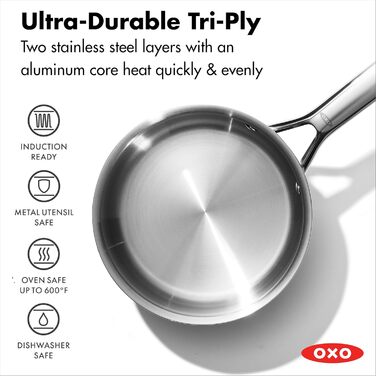 Набір кухонного посуду OXO Agility Tri-Ply з нержавіючої сталі, 13 предметів: каструлі, сковорідки, суповарка. Сумісний з індукцією, антипригарне покриття без PFAS, рівномірний нагрів, 5.7 л, нержавіюча сталь