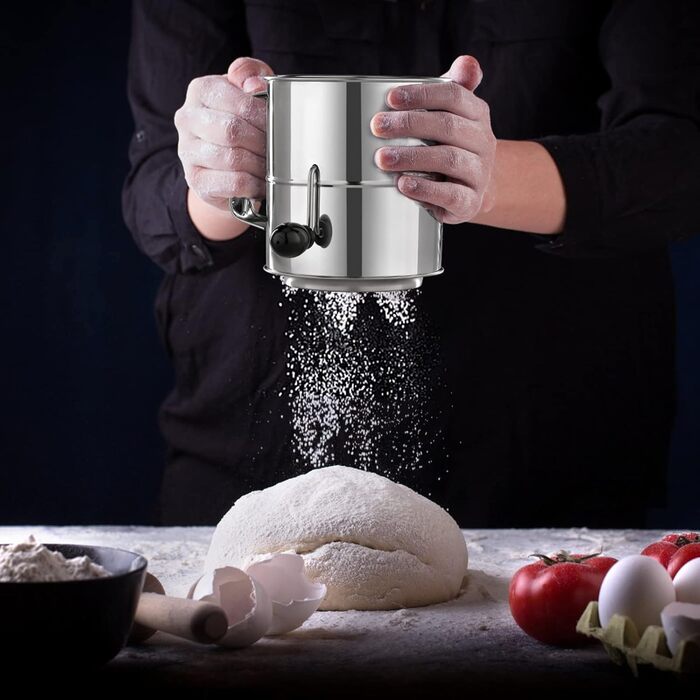 Flour Sifter - 5 Cup Fine Mesh Hand Crank Sifter Stainless Steel with Whisk Wire Loop for Baking, Powdered Sugar Dusting Set