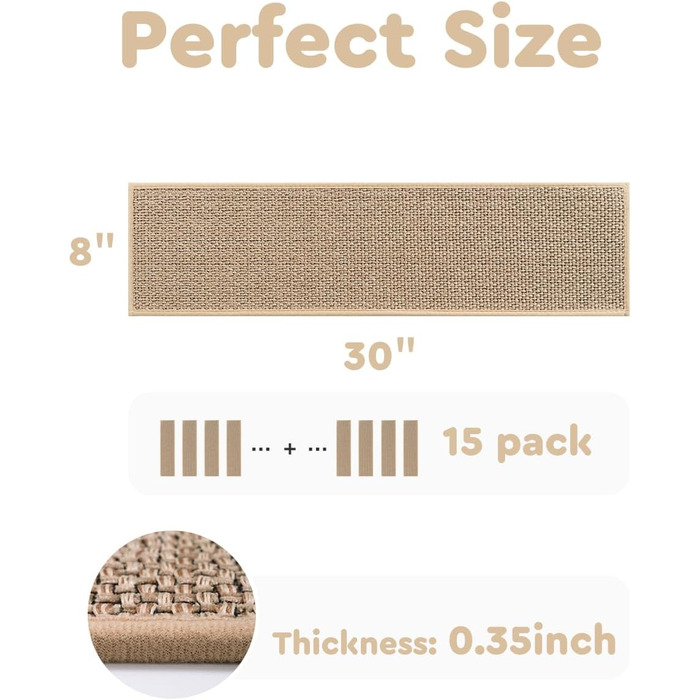 Нековзні сходинкові накладки PADOOR для дерев'яних ступенів, 15 шт., 20.3 x 76.2 см, бежеві