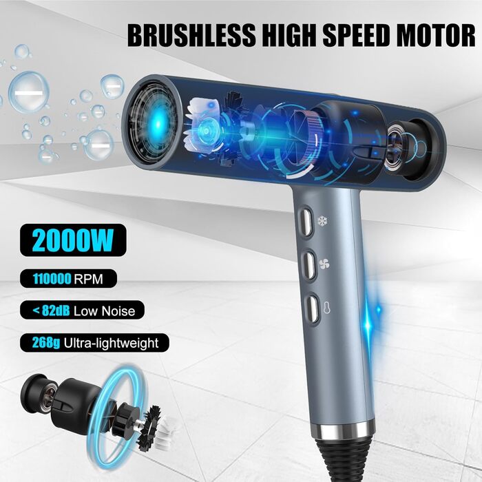 Фен Slopehill з унікальним безщітковим мотором | Інтелектуальна діагностика помилок | Інноваційний мікрофільтр | Oxy Active Technology | LED-дисплей | Суперлегкий 268г, 2000W (Синій)