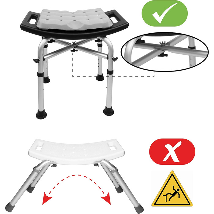 KMINA Shower Stool for Seniors - 150 kg Capacity, Double-Reinforced Crossbar, Cushion, Height Adjustable, Black, Tool-Free Assembly - Made in Europe