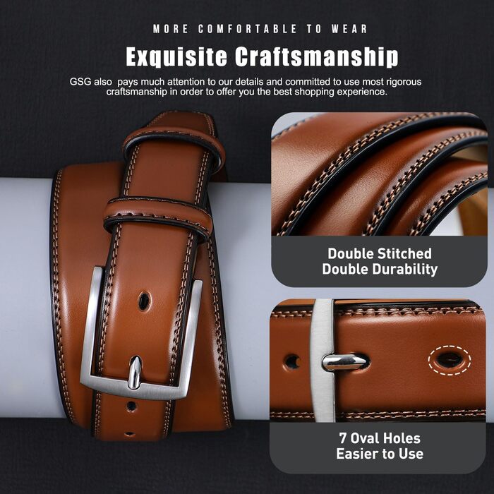 Чоловічий шкіряний ремінь GSG Since 1998 - класичний дизайн, ширина 37 мм, для бізнесу та урочистих подій, у подарунковій коробці. Колір: Sienna Brown