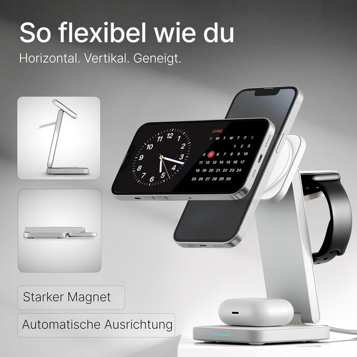 TEGLER 3-в-1 MagSafe зарядний пристрій: алюмінієва зарядна станція для iPhone, Apple Watch та AirPods, з адаптером 20W та USB-C кабелем